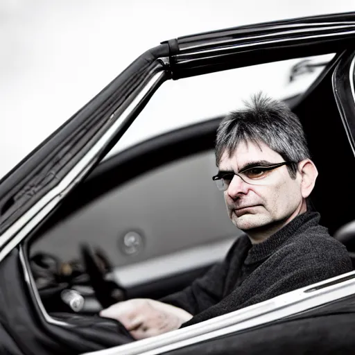 Prompt: steve albini in a bugatti, portrait, by martin parr