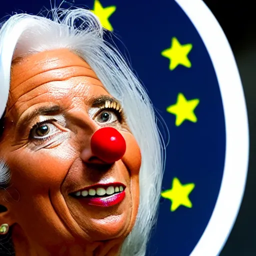 Image similar to Christine Lagarde with colorful clown makeup all over his face