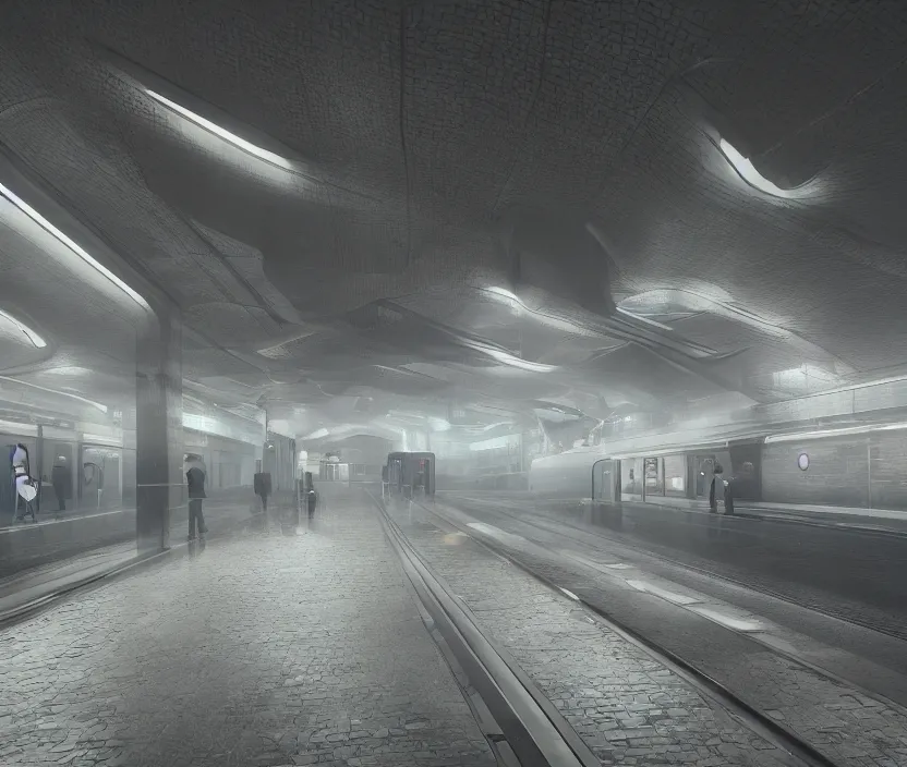 Image similar to Futuristic subway station , gloomy and foggy atmosphere, octane render, artstation trending, horror scene, highly detailded