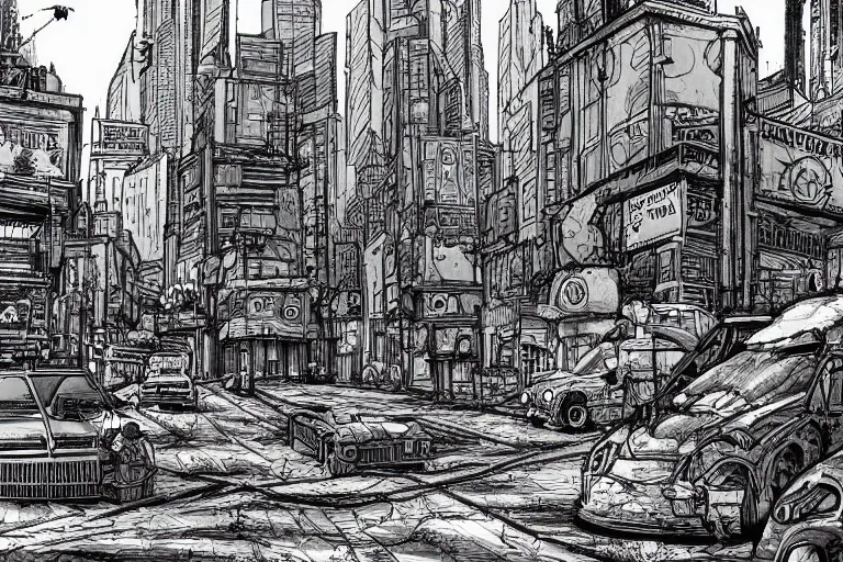 Image similar to A post apocalyptic city street in the style of a Moebius drawing