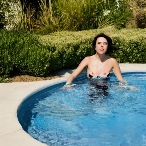 Prompt: photograph of aubrey plaza swimming in a pool, highly detailed, symmetrical, nikkor 8 5 mm f / 1. 8 g