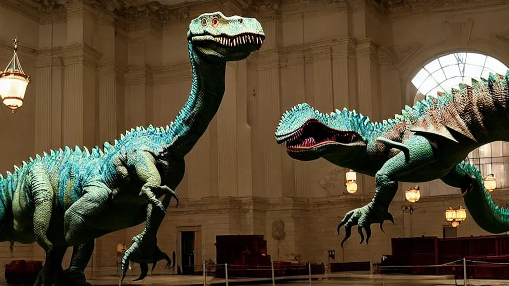 Image similar to the strange dinosaur in city hall, made of wax and water, film still from the movie directed by Denis Villeneuve with art direction by Salvador Dalí, wide lens