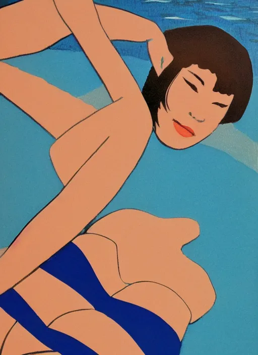 Image similar to a girl, in retro swimsuit, lying by the pool, 7 0 - s, minimalist oil painting by ryo takemasa, shinkai, makoto, kiuchi, tatsuro flat colors, beautiful lightning, sharp, poster