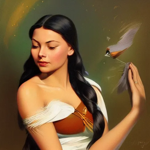 Prompt: portrait of a young pocahontas, bird, idian dress, dreamy and ethereal, expressive pose, peaceful expression, elegant, highly detailed, digital painting, artstation, smooth, sharp focus, by gil elvgren by harry ekham