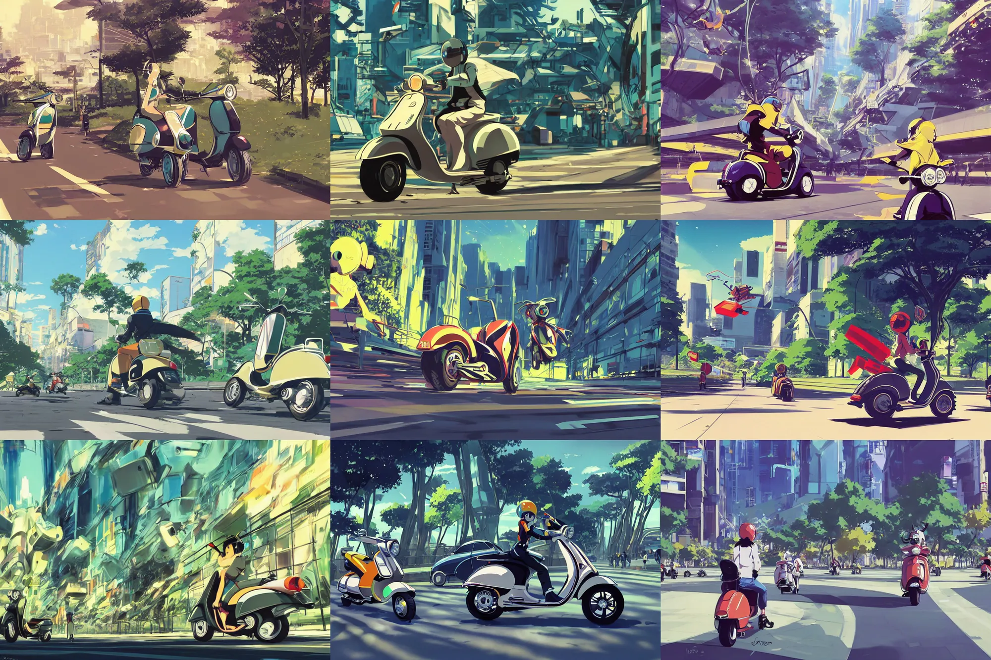 Prompt: vespa action shot racing through the cosmic city of trees flcl by makoto shinkai concept art by syd mead