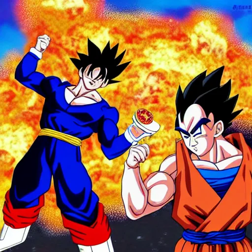 Prompt: goku and vegeta eat a pizza on an exploding volcano, digital art, ray tracing