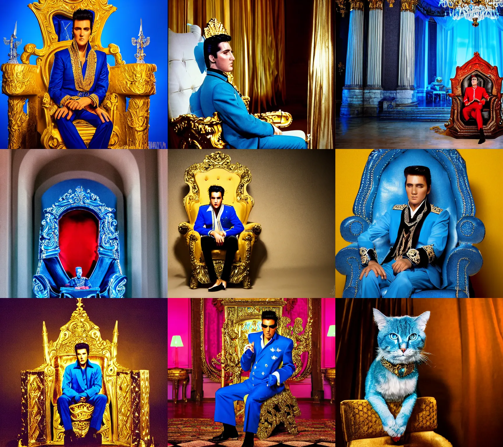 Prompt: sharp, detailed, color photograph, elvis sitting on his throne in his castle, atmospheric lighting, in focus, blue reflective eyes, 3 5 mm macro lens, live action, nice composition