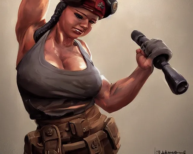 Prompt: portrait of a female bodybuilder ww ii soldier in team fortress 2 style, epic, tragic, dark fantasy art, fantasy, pretty, hd shot, digital portrait, beautiful, artstation, comic style, by artgerm, guy denning, jakub rozalski, magali villeneuve and charlie bowater