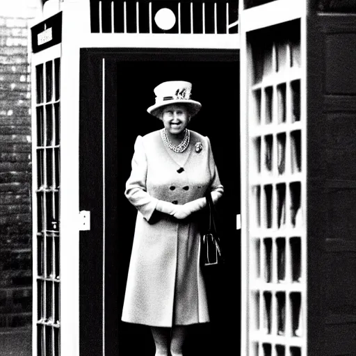 Image similar to 35mm Photograph of Queen Elizabeth II stepping out of the Tardis on a dark rainy London street