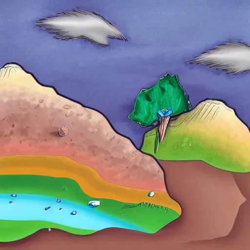 Image similar to a side profile of earth soil and rock layers, with hidden bones, gems and treasures, digital painting