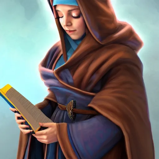 Prompt: A female wizard with brown hair wearing a blue hood and blue robe holding a book, fantasy setting, concept art, professional digital painting, extremely detailed, trending on artstation