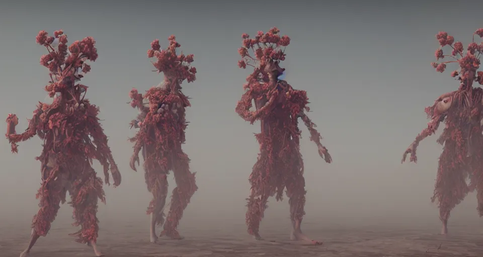 Image similar to a photo of humanoid aliens! with floral heads wearing robes in a foggy desert, octane render, cg society,