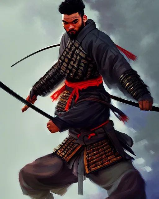 Image similar to portrait of karl - anthony towns as a ronin samurai, wearing a haori, by wlop and peter mohrbacher, dramatic action pose, extremely detailed shading, concept art, digital painting, trending on artstation, atmosphere, glow, cinematic lighting, full of color