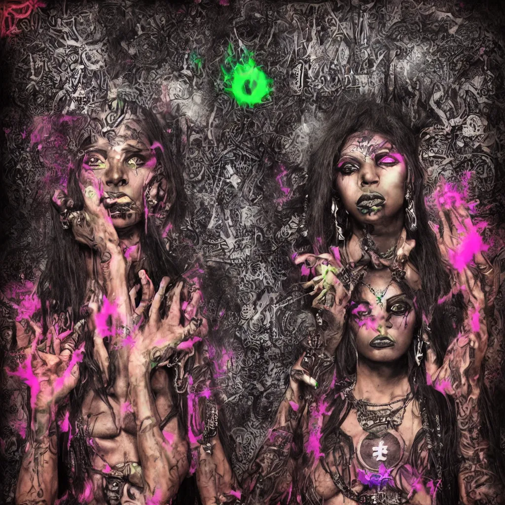 Prompt: dark voodoo priestress with neon tattoo sigils performing a sacred ritual, dark eerie backdrop, realistic digital art, inside a dark evil temple, polaroid pic by hyperrealism