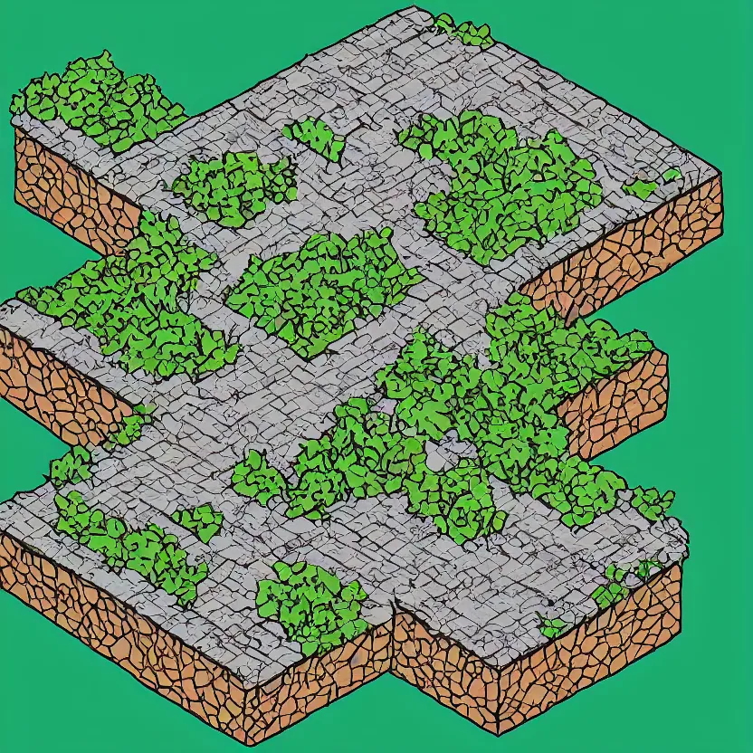 Prompt: isometric view of the outside of a cave, colored lineart