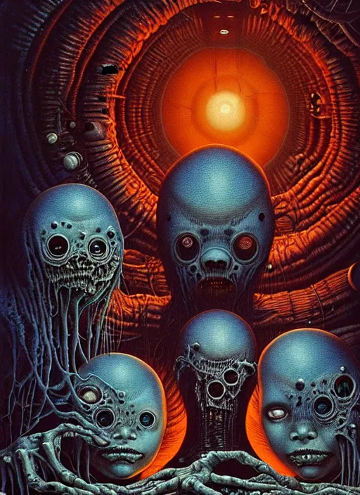 Prompt: detailed image of a creepy family in the deep space by richard corben, by Katsuhiro Otomo, by Giger, By James Jean, by Beksinski, rich deep colors. masterpiece . intricate artwork, cinematic, hyper realism, high detail, unreal engine, 8k, Smooth gradients, High contrast, depth of field, Vibrant colors, very coherent symmetrical artwork. clean ink detailed line drawing, intricate detail, extremely detailed.