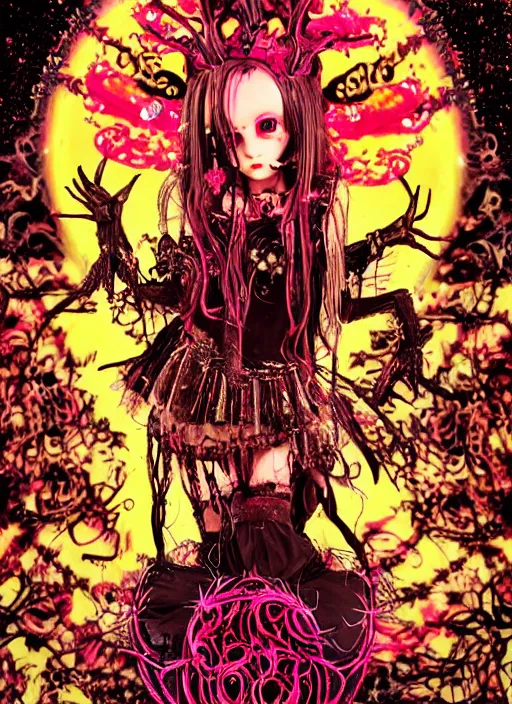 Prompt: spiked bloodmoon pixie sigil stars, goregrind album cover, baroque bedazzled gothic royalty frames surrounding a hellfire hexed witchcore aesthetic, dark vhs broken hearts, neon glyphs spiked pixelsort fairy kei decora doll, 8mm VHS footage of a japanese horror movie