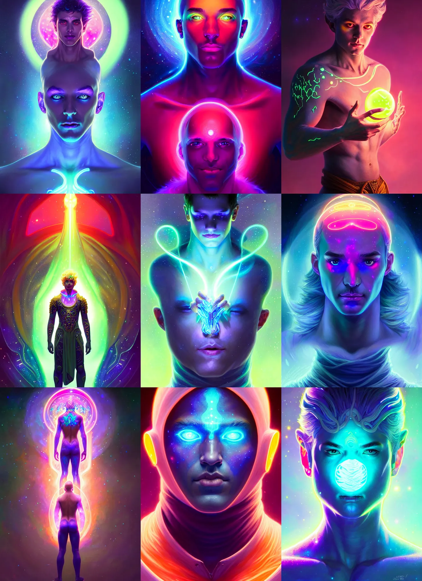 Prompt: a male faceless glowing liquefied stardust adventurer, dnd fantasy character, full body portrait, glowing neon skin, magical aura, ultra realistic, intricate, elegant, highly detailed, digital painting, artstation, smooth, sharp, focus, illustration, art by artgerm and greg rutkowski and alphonse mucha and dan mumford, sacred geometry, psychedelic