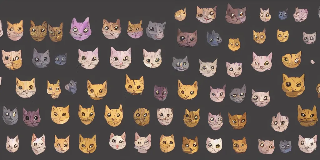 Prompt: game asset of unique cat heads on black background, organic, animated disney movie palette, animated disney movie black inking, cel shading, 5 colors, no gradients, flat 2 d design, 2 d sprites, 8 k, close up