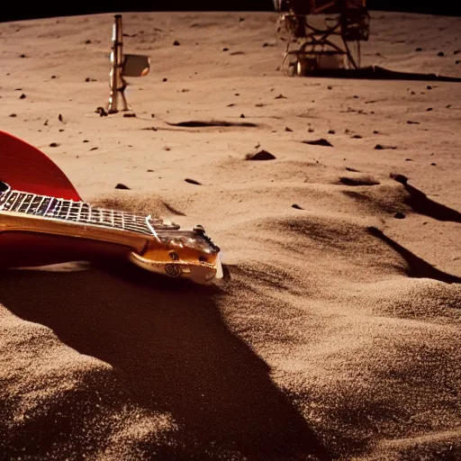 Prompt: photo of a detailed, realistic, regular sized, sitting idle fender electric guitar. a sitting idle beer can. an astronaut sitting down on the moon surface. detailed photo. realistic photo. cinematic. cinematic shot