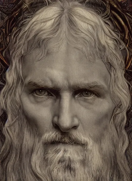 Image similar to detailed realistic beautiful young karl gustav jung face portrait by jean delville, alphonse mucha, vincent van gogh, and marco mazzoni, art nouveau, symbolist, visionary, gothic, pre - raphaelite