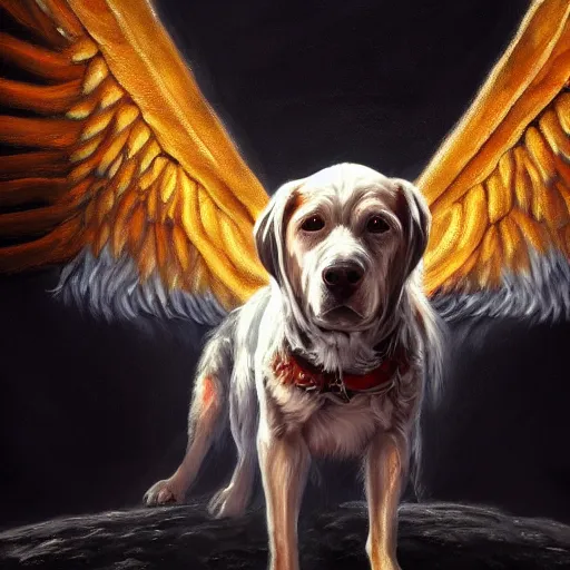 Prompt: an oil painting of a dog with demon wings, hd, hdr, ue 5, ue 6, unreal engine 5, cinematic 4 k wallpaper, 8 k, ultra detailed, high resolution, artstation, award winning