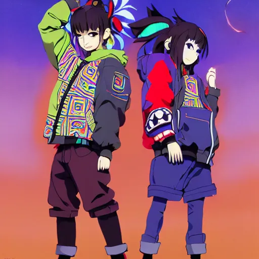 Image similar to majora majora's mask wearing oversized mayan bomber jacket with overalls, bulky poofy bomber jacket with mayan patterns, aztec street fashion, genshin impact art style, gapmoe yandere grimdark, trending on pixiv fanbox, painted by greg rutkowski makoto shinkai takashi takeuchi studio ghibli, akihiko yoshida