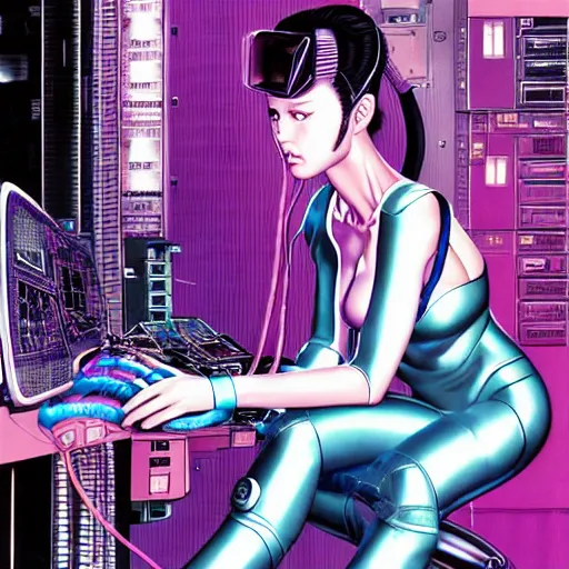 Image similar to a detailed airbrush cyberpunk illustration of a female android seated on the floor in a tech labor, seen from the side with her body open showing cables and wires coming out, by masamune shirow, hajime sorayama, boris vallejo and katsuhiro otomo, japan, 1980s, dark, colorful