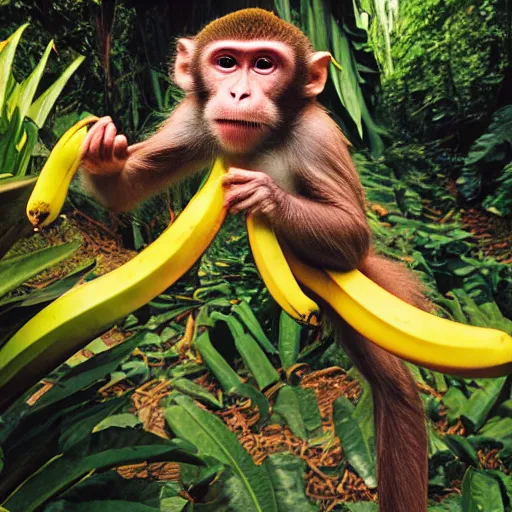 Image similar to multicolor photo of monkey juggling bananas at the jungle by steve mccurry in 4 k ultra high resolution and with dutch angle, with funny feeling