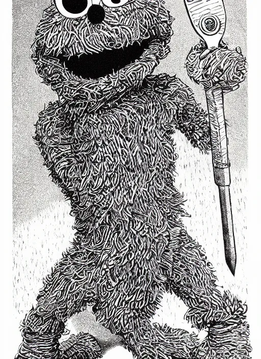 Prompt: an illustration of Cookie Monster, full body, pen-and-ink illustration, etching, by Russ Nicholson, DAvid A Trampier, larry elmore, 1981, HQ scan, intricate details