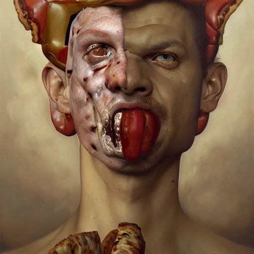 Image similar to portrait of fully dressed pizza as doomguy by alexander mcqueen, by roberto ferri, by tom bagshaw, by j. c. leyendecker and klimt, by austin osman spare, highly detailed oil painting, very intricate, cinematic lighting, award - winning, american romanticism, artstation, cgsociety, official art, octane