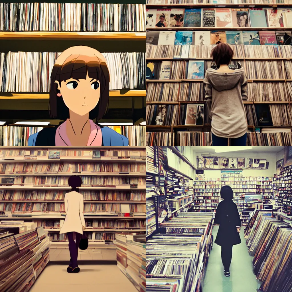 Prompt: girl in a record store, in the film by makoto shinkai