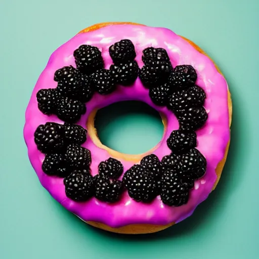 Image similar to Perfectly circular donut!!!!! in the style and shape of a blackberry!!!!!!, trending on artstation, 4k, 8k, professional photography, overhead shot, 35mm lens