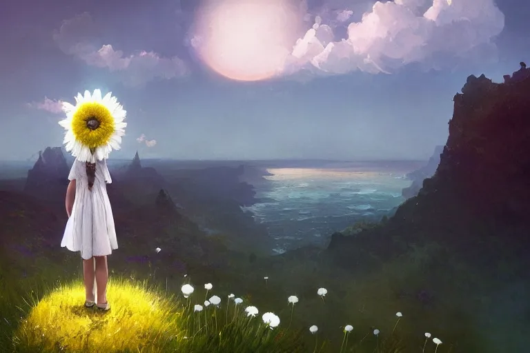 Image similar to giant white daisy flower head, girl standing on cliff, surreal photography, solar eclipse, milky way, dramatic light, impressionist painting, clouds, digital painting, artstation, james gilleard, liam wong, jeremy mann, simon stalenhag