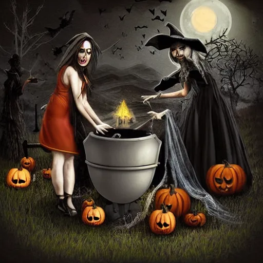 Prompt: witches around a cauldron, spooky, dark, halloween, highly detailed, high resolution