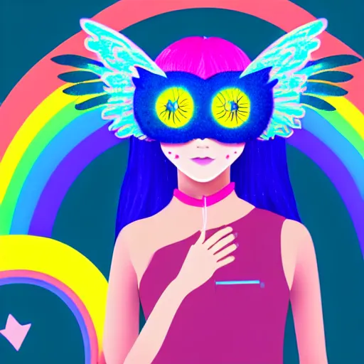 Prompt: A girl wearing an owl mask and blue hair with glowing halo and wings and a cat tail with a rainbow halo behind her. She has pink and yellow flowers around her head. Smooth lines and details and soft color palette. 4k render. Trending on Art Station!