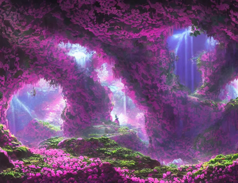 Prompt: vaporwave nightclub in a cherry blossom dripstone cave. oil painting by award - winning concept artist. backlighting, chiaroscuro, intricate details, field of depth.