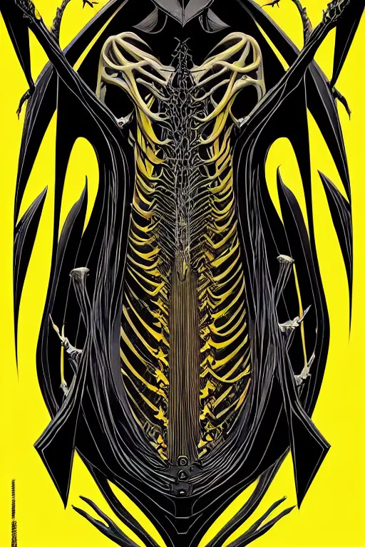 Prompt: black and yellow flat color, artgerm, joshua middleton, mucha, richard corben, wayne barlowe, moebius, heavy metal comic cover art, psychedelic triangular skeletal calcification fungus lich in darkiron spike armor, full body, hollow eyes, symmetrical face, long black crown, in a dungeon background, moody dark colors