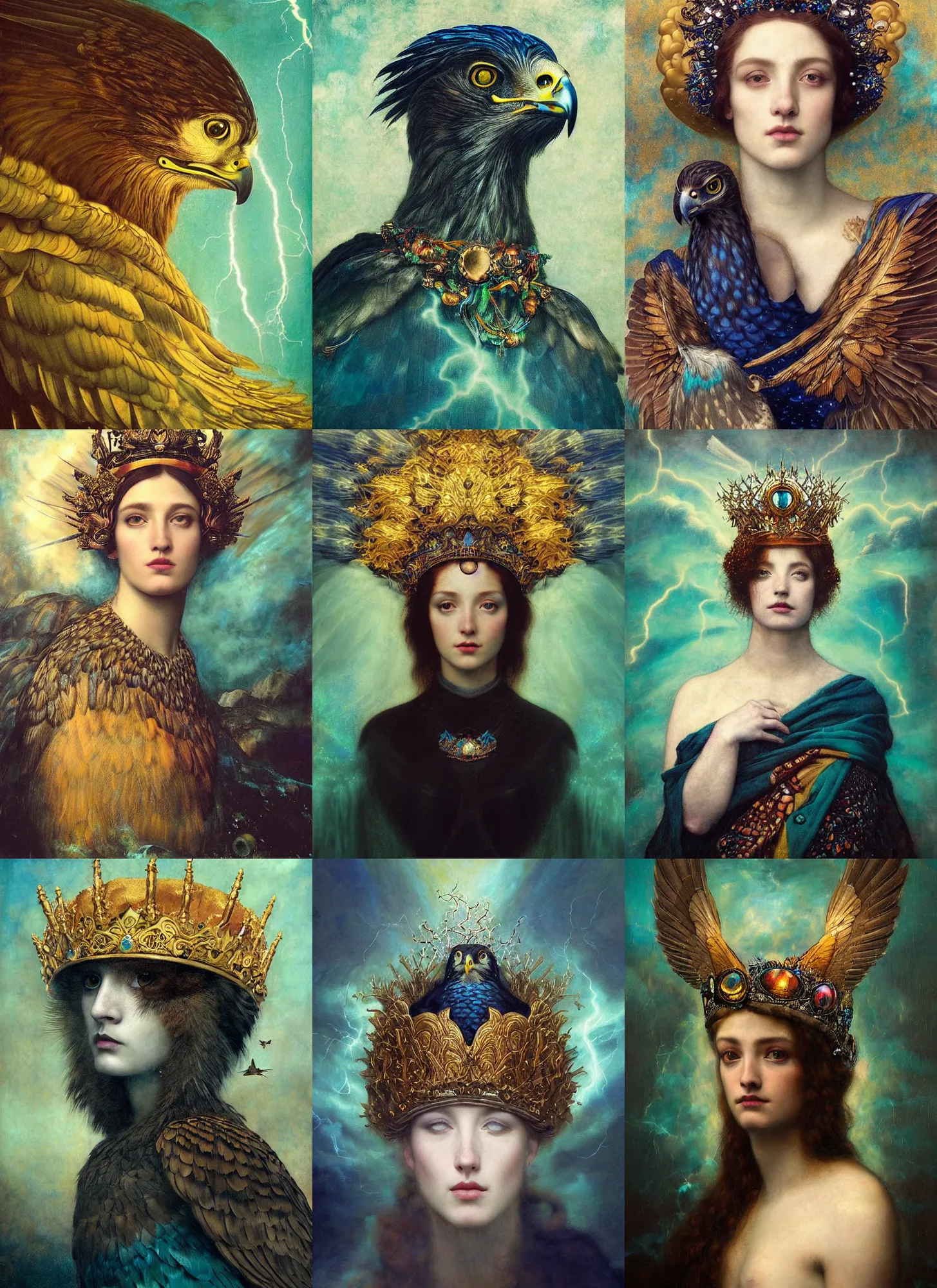 Prompt: “A majestic portrait of a hawk wearing a crown, with a lightning storm behind, titian, Tom Bagshaw, Sam Spratt, maxfield parrish, gustav klimt, high detail, 8k, underwater light rays, intricate, royalty, vibrant iridescent colors,art nouveau,black navy and aqua”