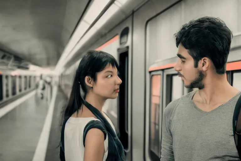 Image similar to vfx movie couple in a train station flat color profile edge lit cinematography