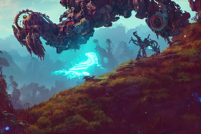 Image similar to watcher machine mecanical creature robot of horizon forbidden west horizon zero dawn bioluminiscence global illumination ray tracing hdr fanart arstation by ian pesty and alena aenami artworks in 4 k