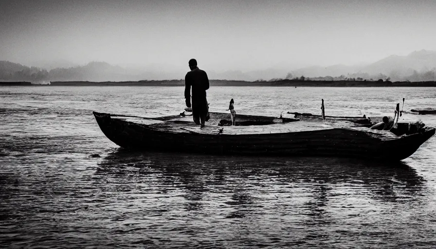 Prompt: a man in a barque made of flesh on a blood river, leica sl 2, heavy grain, high quality, high detail, in color