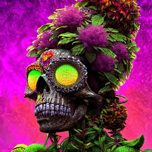 Image similar to a golden skull face african marijuanna shaman with an afro made of flowers, third eye art art by machina infinitum, complexity from simplicity, rendered in octane, mandelbulb 3 d, ambient occlusion, macro photography, felt!!! texture, tribal, neon! retrowave