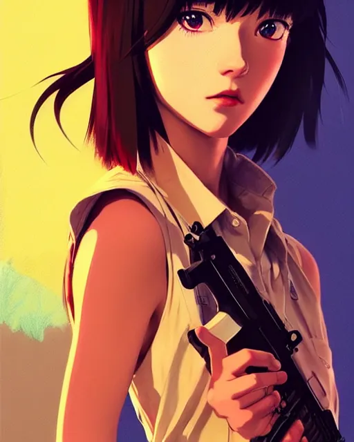 Image similar to girl holding a pistol | | very very anime!!!, fine - face, audrey plaza, realistic shaded perfect face, fine details. anime. realistic shaded lighting poster by ilya kuvshinov katsuhiro otomo ghost - in - the - shell, magali villeneuve, artgerm, jeremy lipkin and michael garmash and rob rey