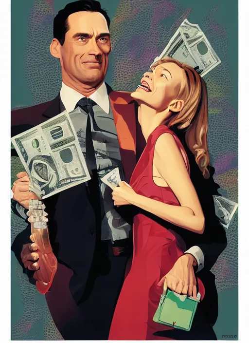 Image similar to poster artwork by Michael Whelan and Tomer Hanuka, Karol Bak of Naomi Watts & Jon Hamm husband & wife portrait, in the pose of 'Laughing Couple with a Money Purse' painting, from scene from Twin Peaks, clean, simple illustration, nostalgic, domestic, full of details