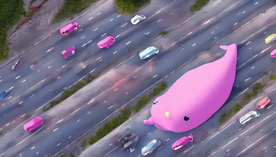 Prompt: a giant pink whale falling out of a blue sky onto cars on a busy bridge, cinematic lighting