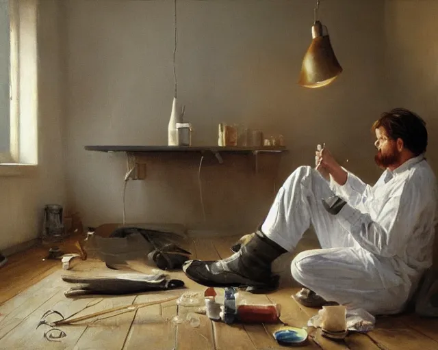 Image similar to an exhausted painter in his studio painting a picture of a penguin - key lighting, soft lights, foggy, by steve hanks, by lisa yuskavage, by serov valentin, by tarkovsky, 8 k render, detailed, oil on canvas