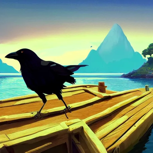 Prompt: a wholesome animation key shot of a crow on a boat in the night, island in the background, medium shot, studio ghibli, pixar and disney animation, sharp, rendered in unreal engine 5, anime key art by greg rutkowski, bloom, dramatic lighting