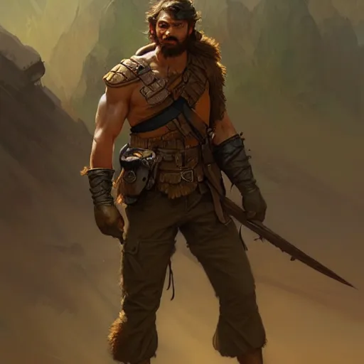 Image similar to young rugged ranger, muscular,, hairy thighs, D&D, fantasy, intricate, cinematic lighting, highly detailed, digital painting, artstation, concept art, smooth, sharp focus, illustration, art by Artgerm and Greg Rutkowski and Alphonse Mucha