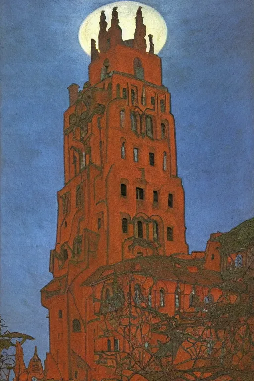 Image similar to view of the old tower and its gardens after a storm, tall windows lit up, beautiful ornamental architecture, dramatic cinematic lighting, rich colors, by Nicholas Roerich and and Caspar David Friedrich and ford madox brown and April Gornik and ((Diego Rivera)), featured on artstation